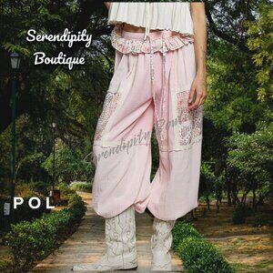 POL Girly Pink Ruffle Drawstring Waist Granny Patches Elastic Cuff Genie Pants